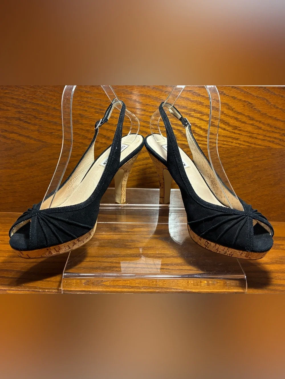 Y2K Steve Madden Cork Platform Slingback Peep Toe Heels Black Suede Size 8